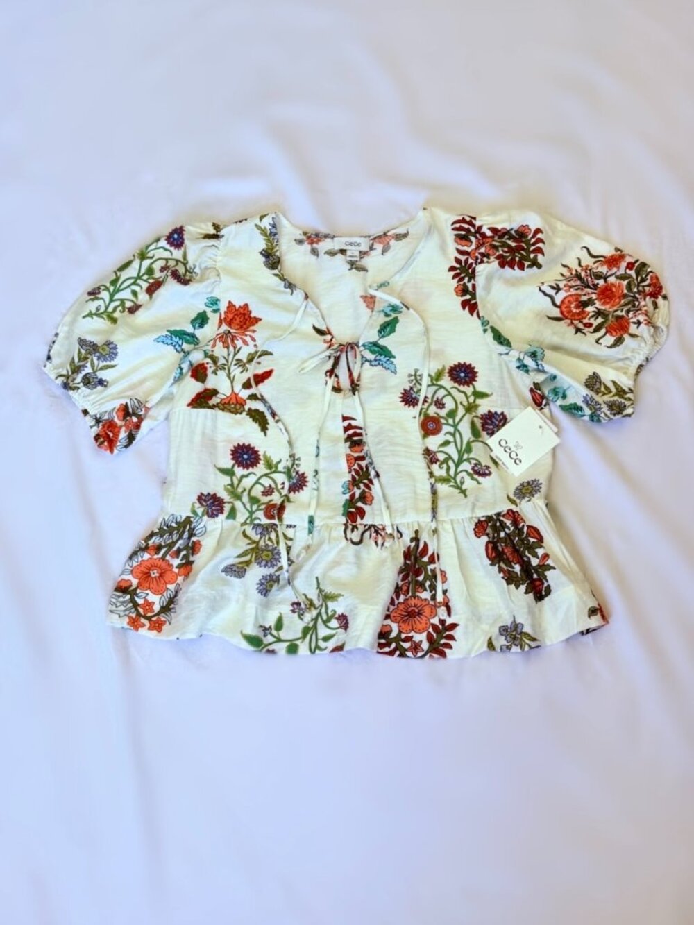 CeCe NWT Ivory Floral Block Print Peplum Puff Sleeve Top M